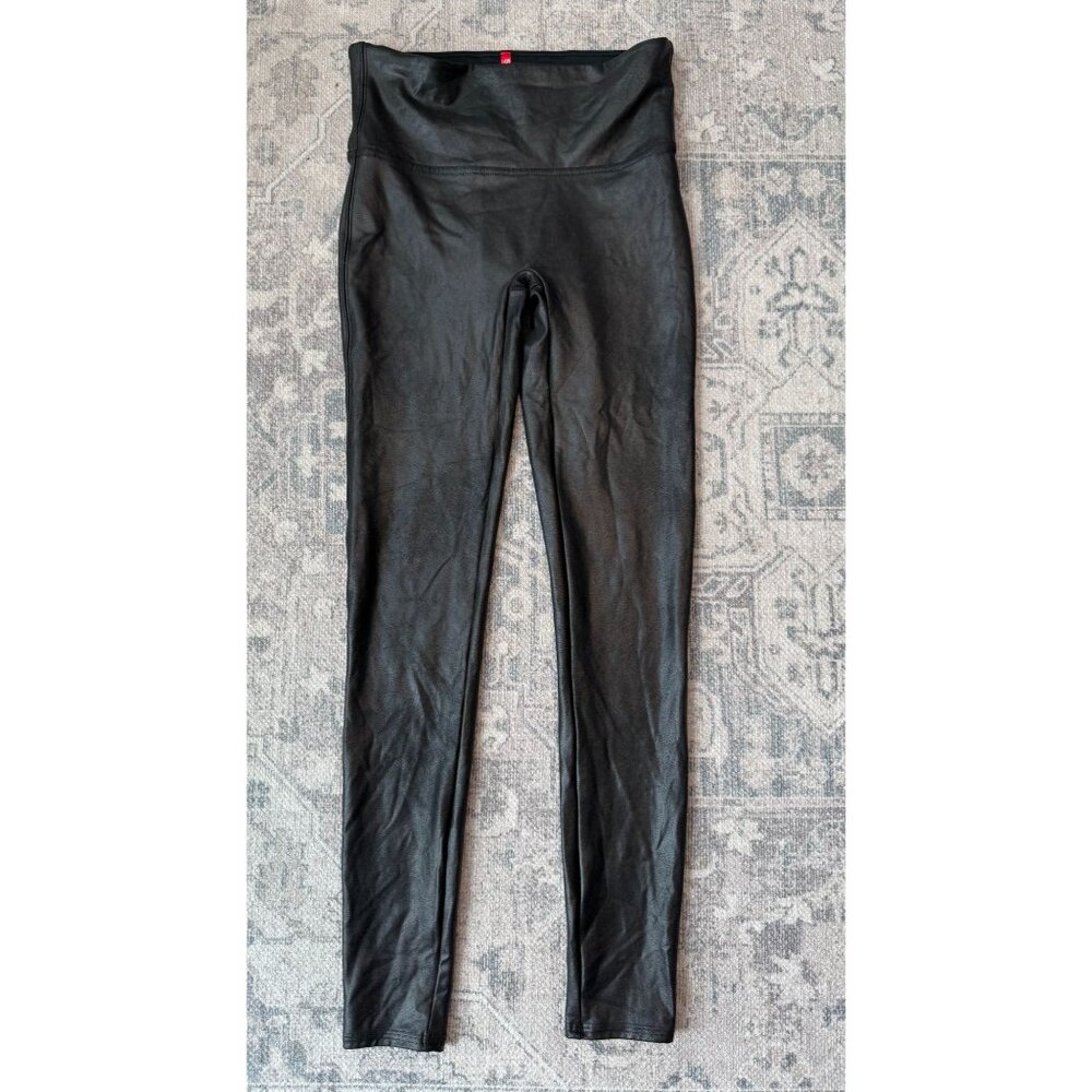Spanx Women's Black Faux Leather Leggings Medium Pull On Moto Slimming Stretch